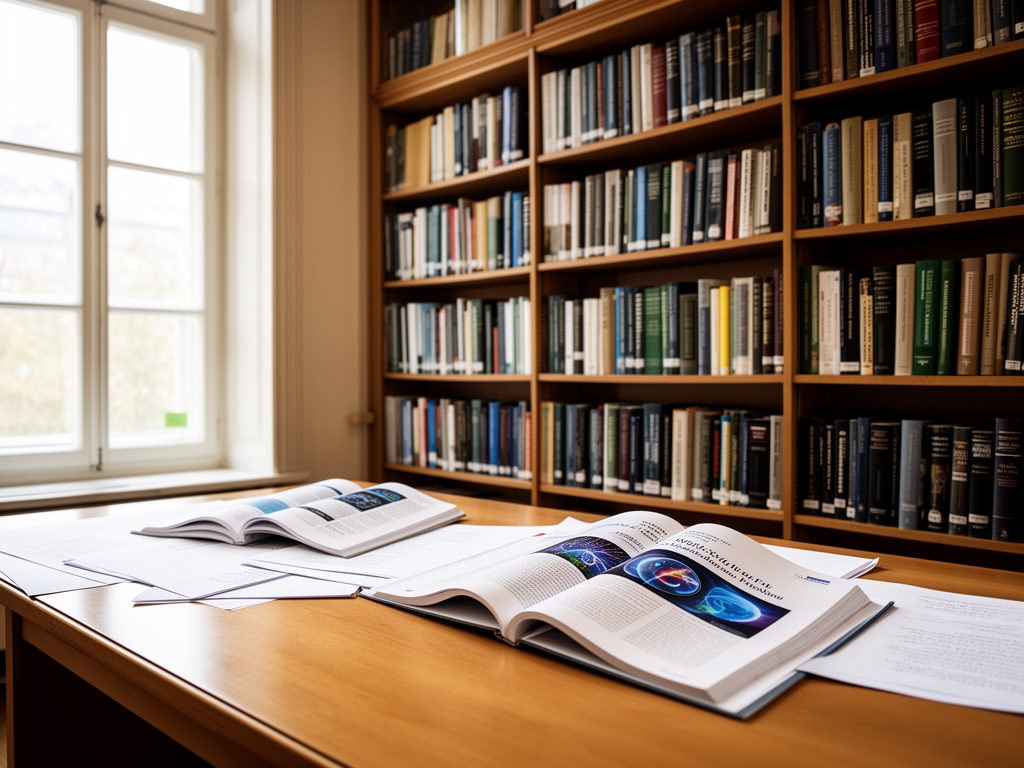 Jasna przestrzeń biblioteczna z rzędami książek naukowych i naturalnym światłem wpadającym przez duże okno, na biurku leżą otwarte czasopisma naukowe i notatki, atmosfera spokoju i skupienia