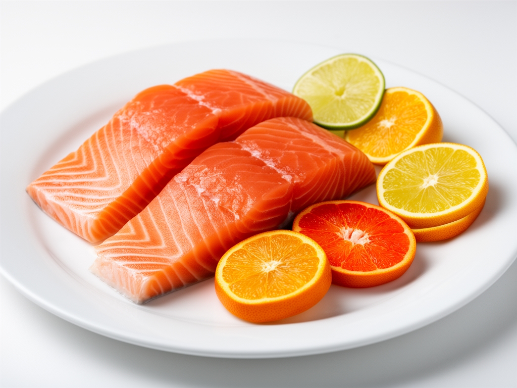 Plasterki świeżego łososia i owoców bogatych w witaminę C ułożone na białej płycie w studio, naturalne źródła kolagenu i składników wspierających skórę