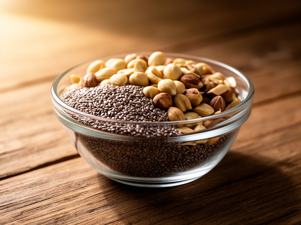 Szklana miska z nasionami lnu i orzechów włoskich na drewnianym stole, bogata w kwasy omega-3, oświetlona ciepłym naturalnym światłem
