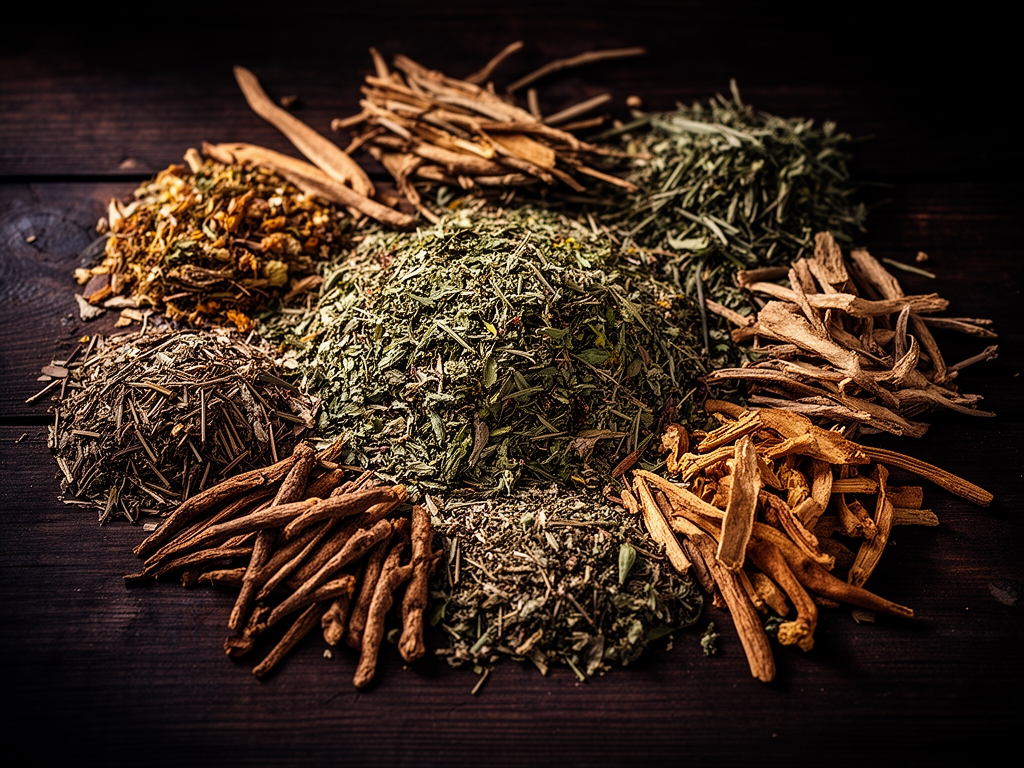 Szeroka kompozycja suszonych ziół, korzeni i roślin leczniczych rozłożonych na ciemnym drewnianym stole, głębokie cienie podkreślają tekstury, styl dokumentalnej fotografii naukowej