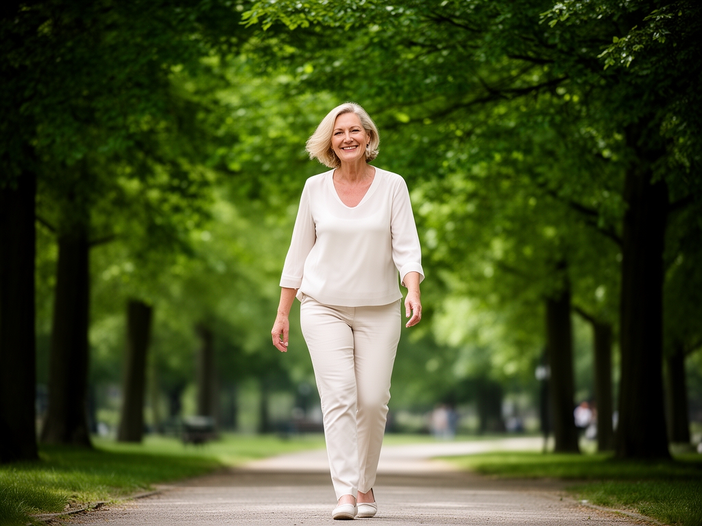 Kobieta w średnim wieku spaceruje po parku wśród zielonych drzew, ubrana w jasny strój, z naturalnym uśmiechem, wyrażając spokój i witalność w codziennej aktywności